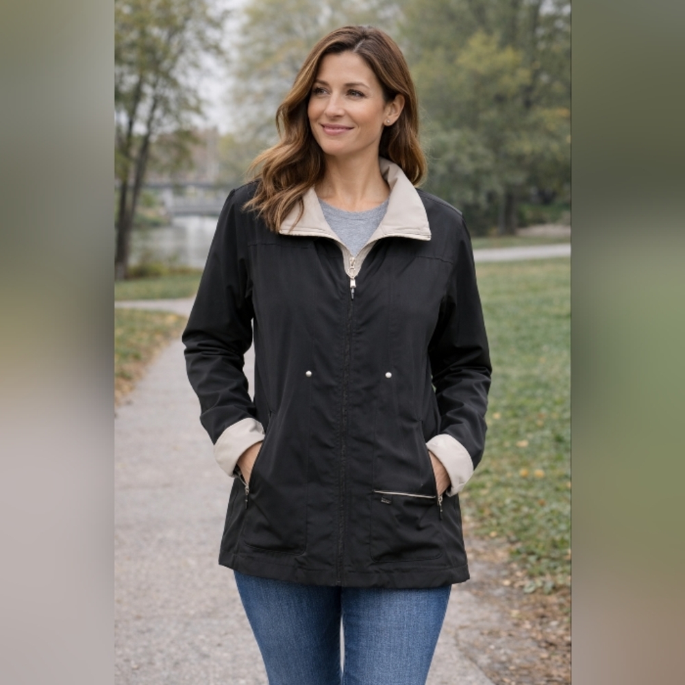 Big Chill Women's Black Zip Front Jacket‎ Lightweight Contrast Collar Size Small